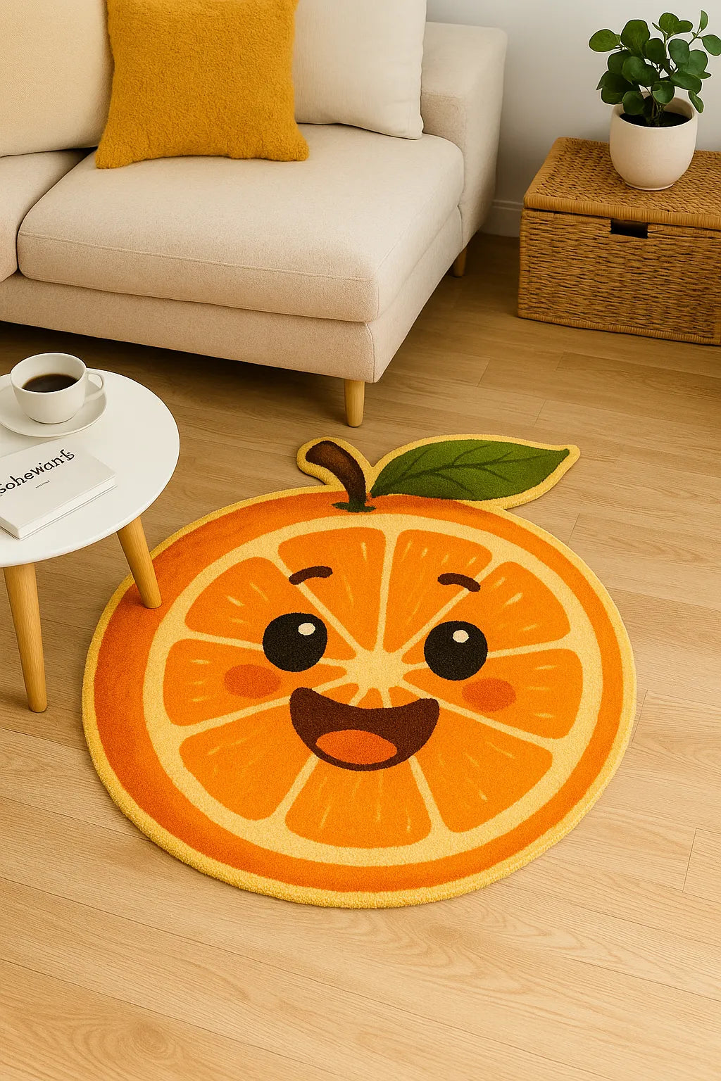 Cute orange slice shaped kids rug with smiling face – A Print Nest