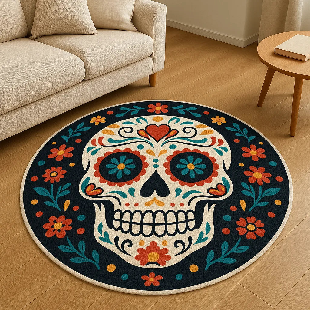 Round sugar skull fiesta rug