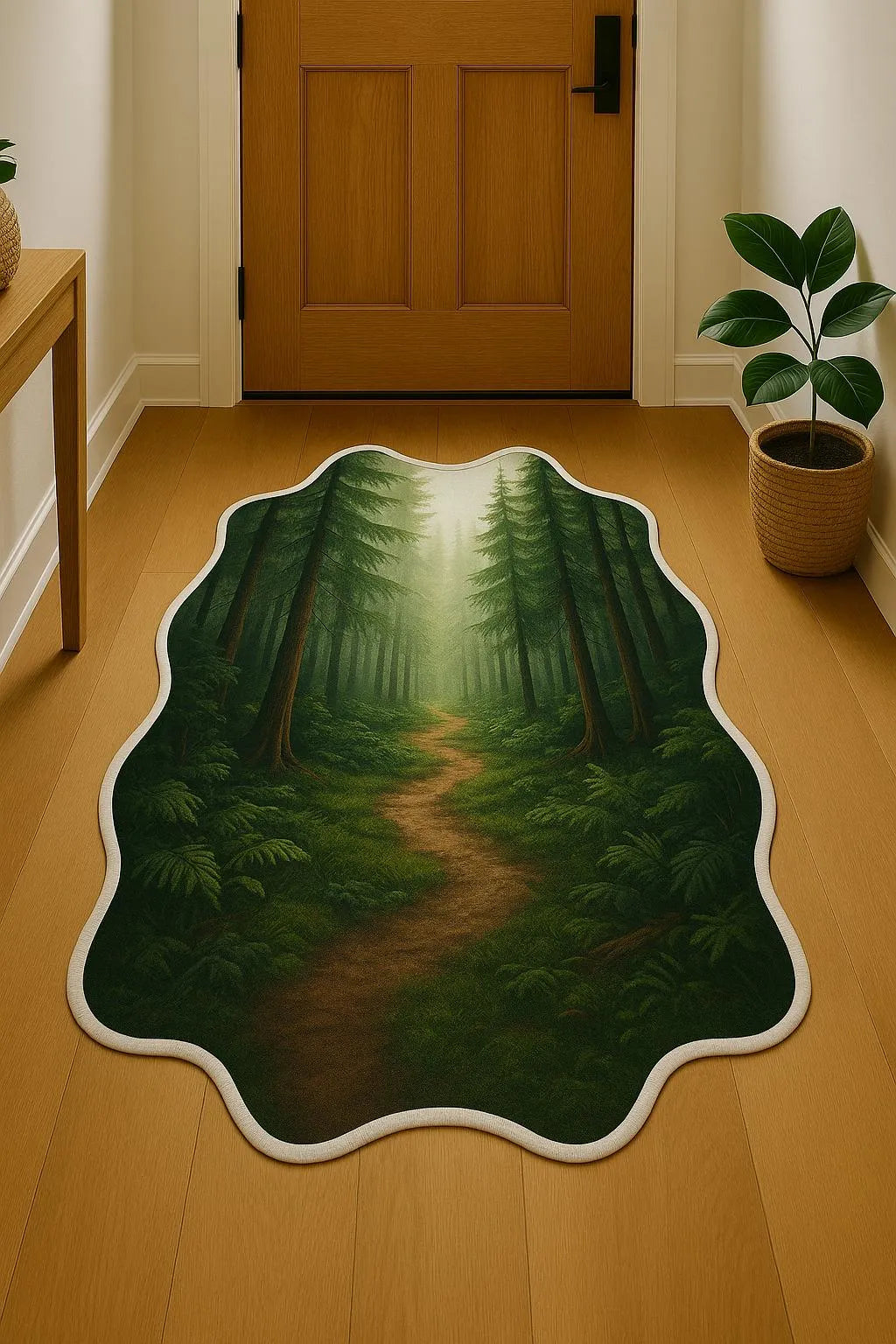 Irregular-shaped whispering pines forest rug