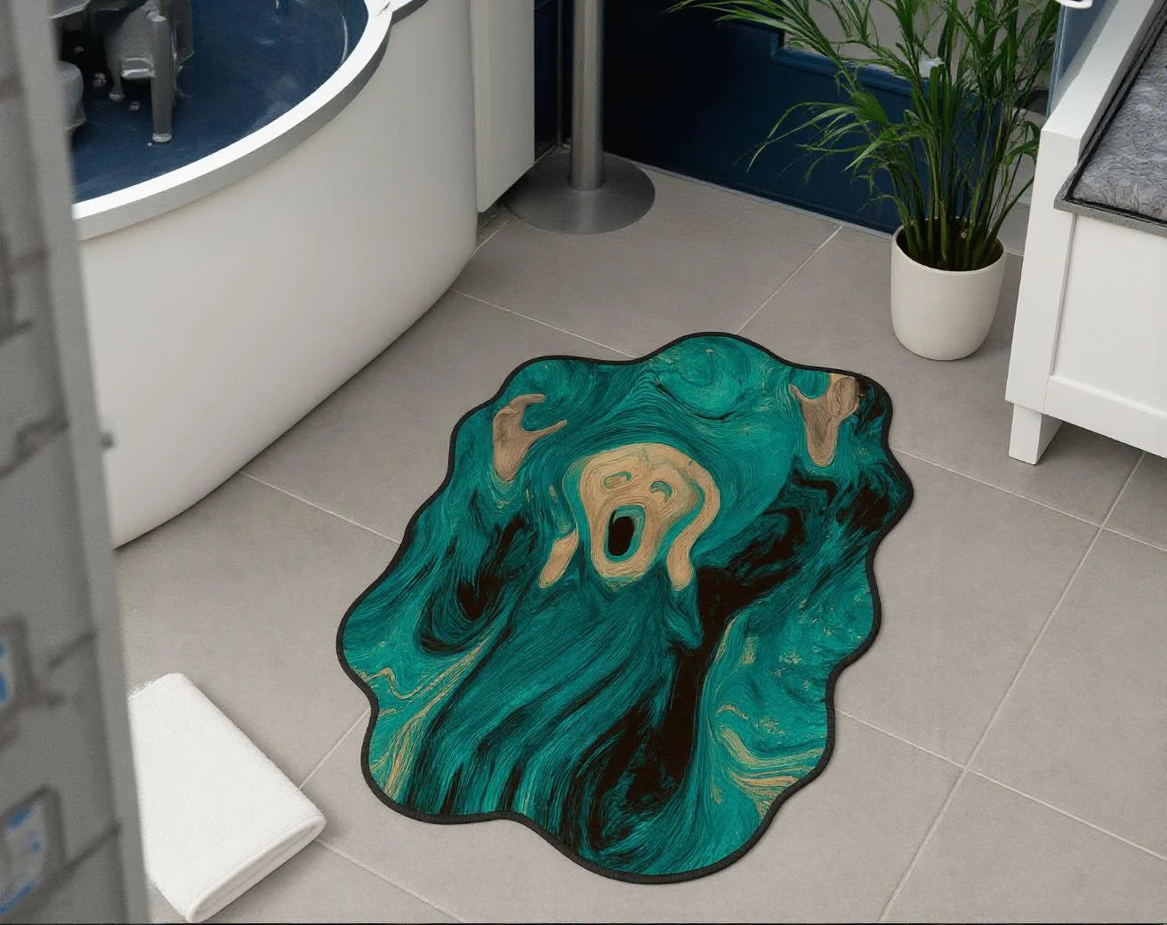 Irregular teal and beige rug inspired by The Scream artwork, wavy edges, soft faux cashmere texture, anti-slip backing, placed beside a bathtub.