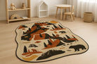 Woodland kids rug with bear and forest design, soft faux cashmere texture, warm earthy tones, anti-slip backing, placed in a nursery.