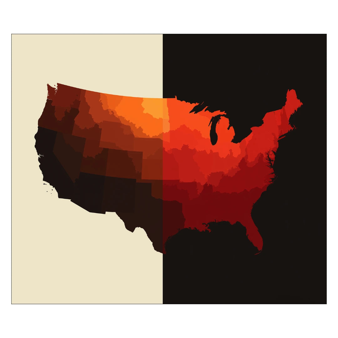Map of the United States with a gradient color scheme on a black and beige background