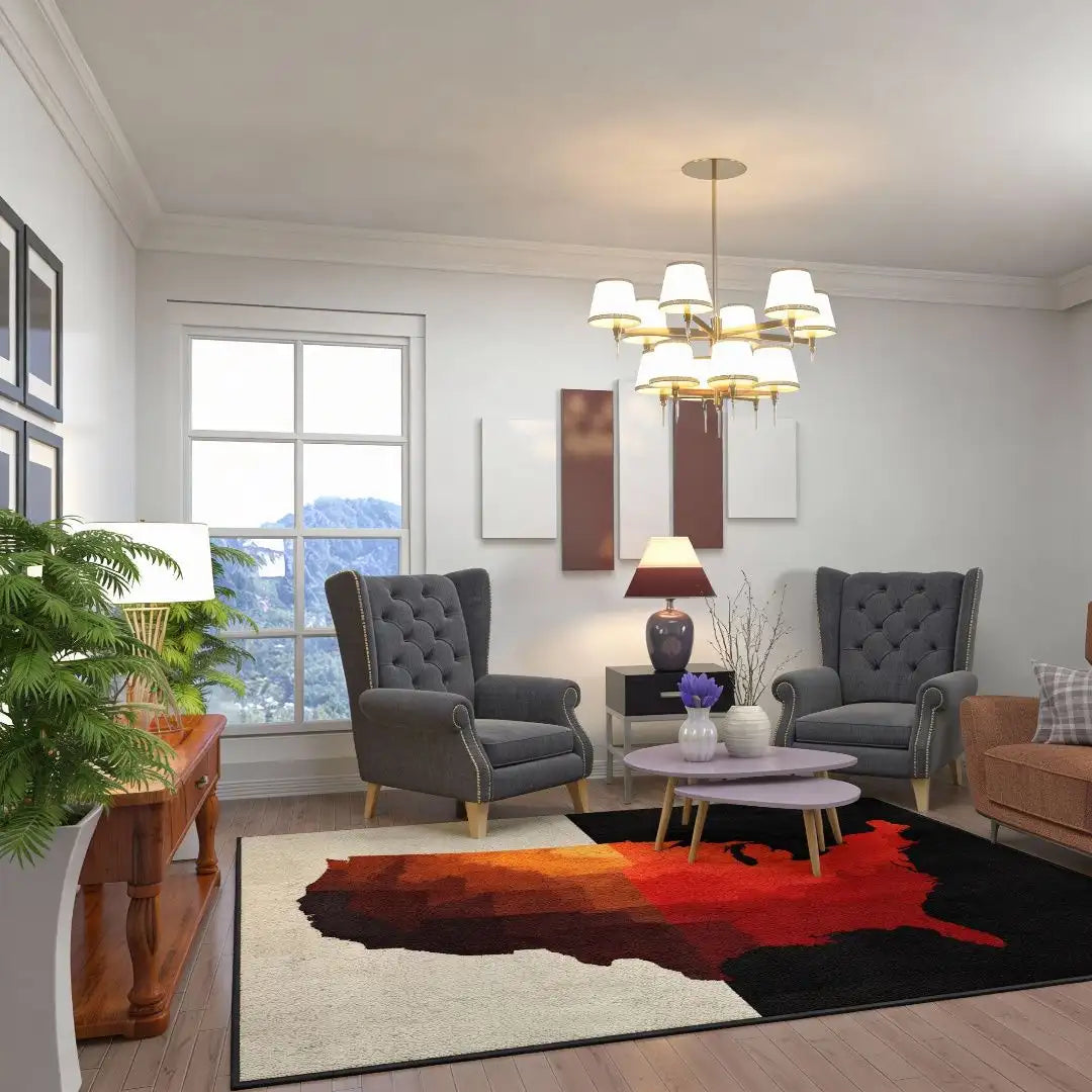 Many, Still One USA map rug placed in a modern living room with neutral furniture and warm lighting