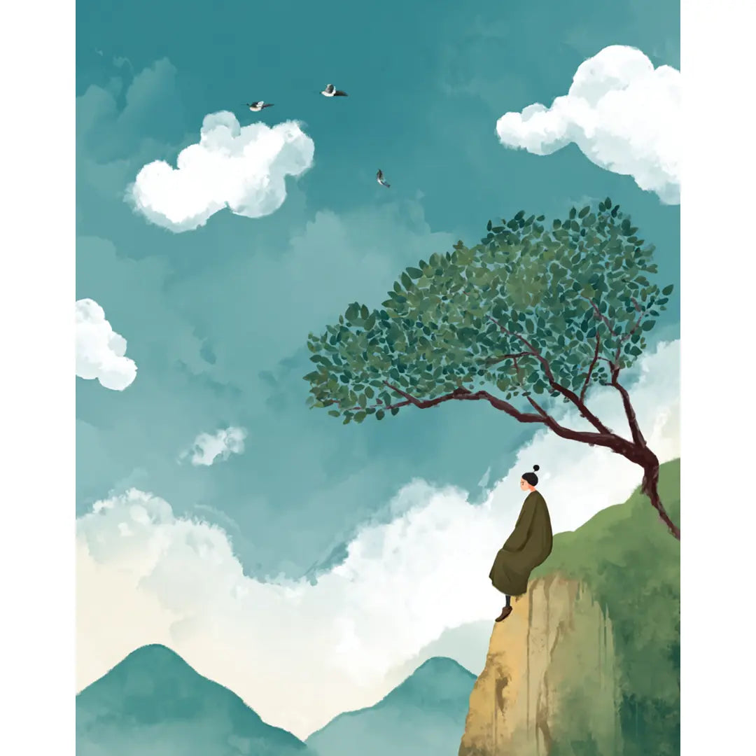 Person standing on a cliff under a large tree with a blue sky and clouds in the background