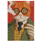 Illustration of a cat wearing glasses, a jacket, and holding a pipe on a red background.