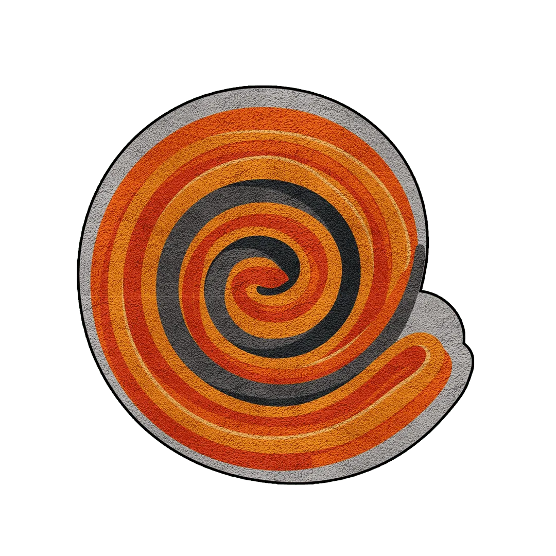 Irregular spiral rug featuring concentric orange, amber, and dark gray rings in a bold geometric pattern