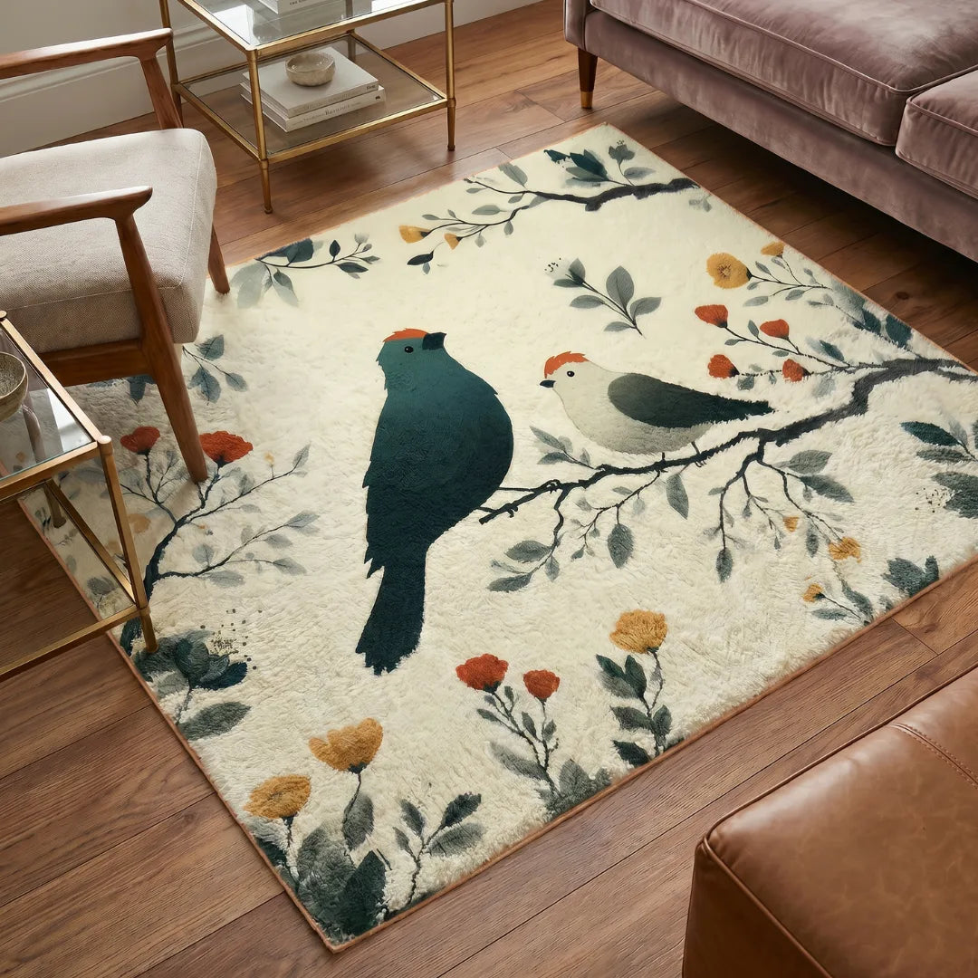 Bird inspired rug living room