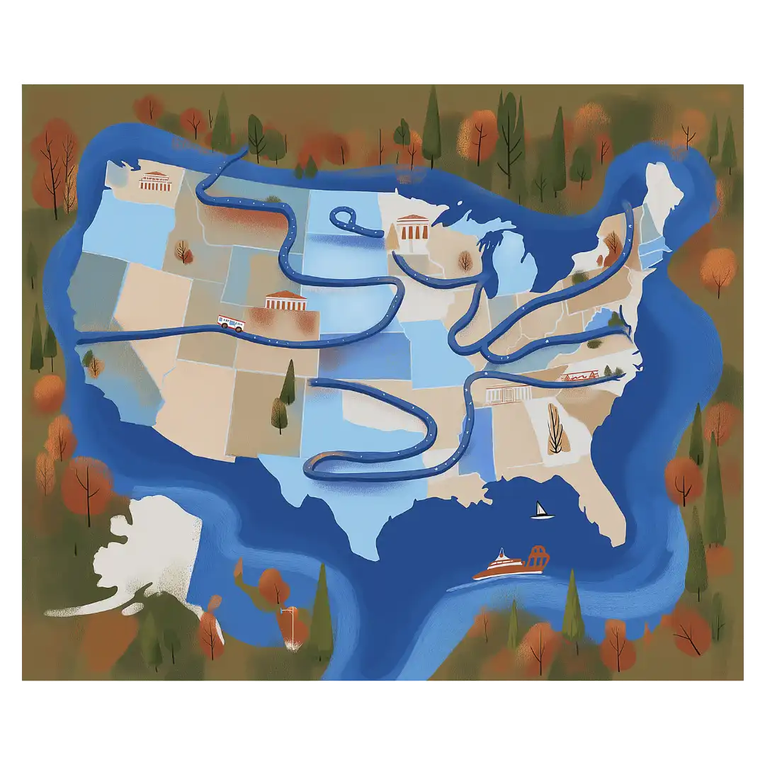 A Distance Kept illustrated map rug showing winding routes and scenic details in muted blue and earth tones