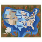 A Distance Kept illustrated map rug showing winding routes and scenic details in muted blue and earth tones