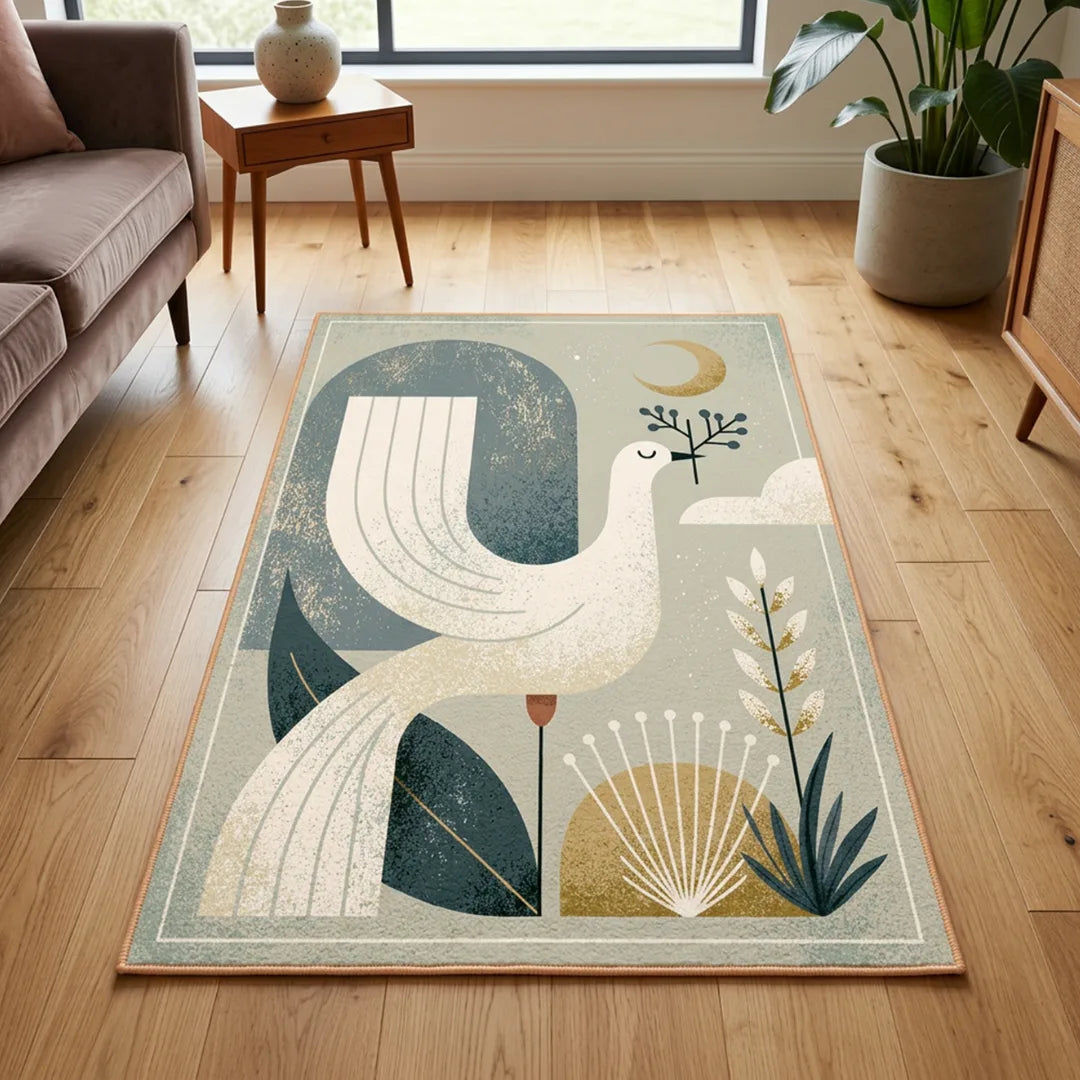 Stamp inspired rug living room