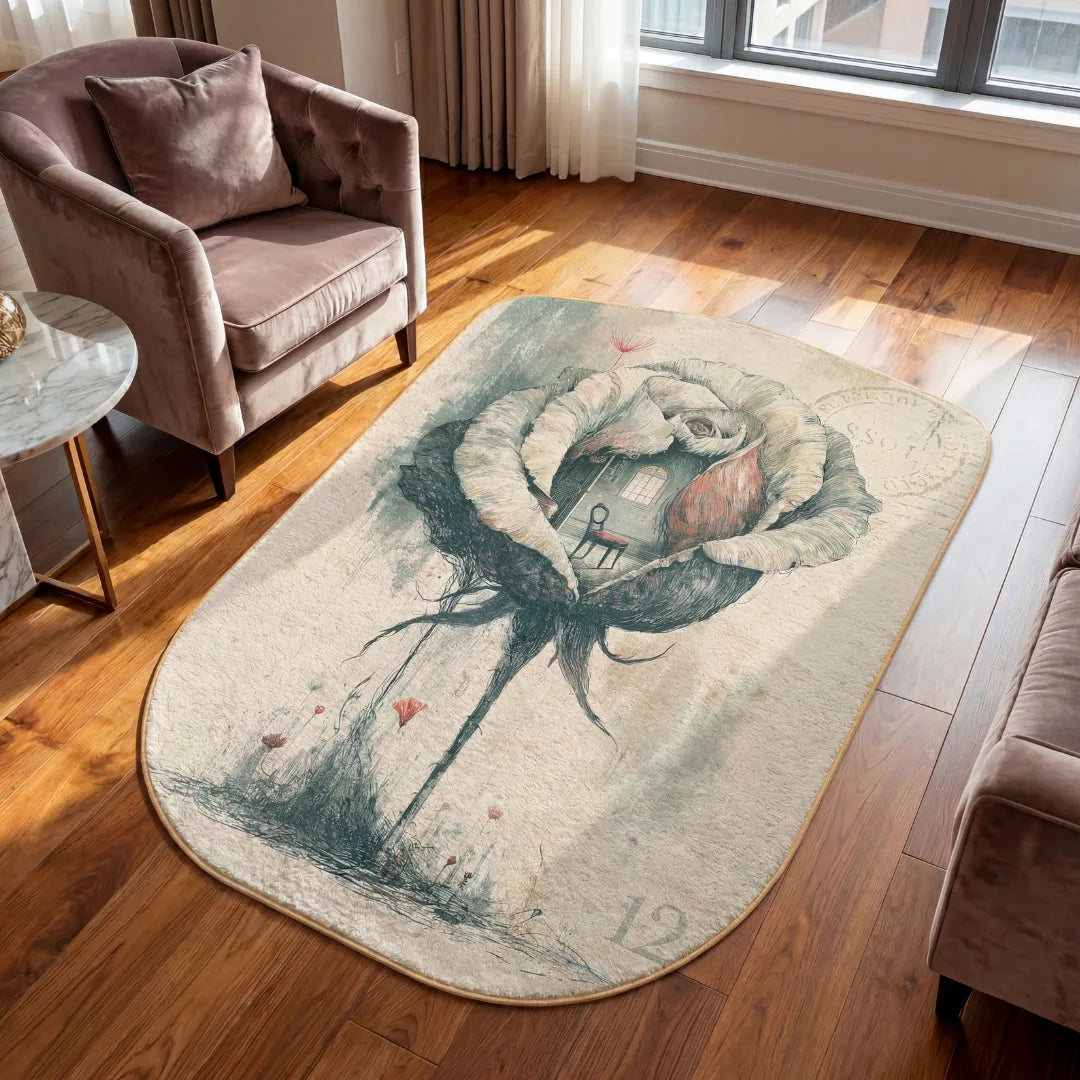 Stamp inspired rug living room