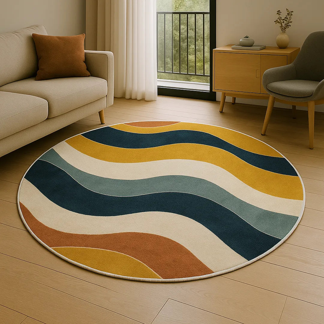 Abstract wave round faux cashmere rug in warm earth tones styled in a modern living room, wooden floor and neutral sofa, A Print Nest