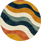 Abstract round rug design with flowing teal, mustard, rust and cream waves, print-ready PNG artwork for faux cashmere rug.