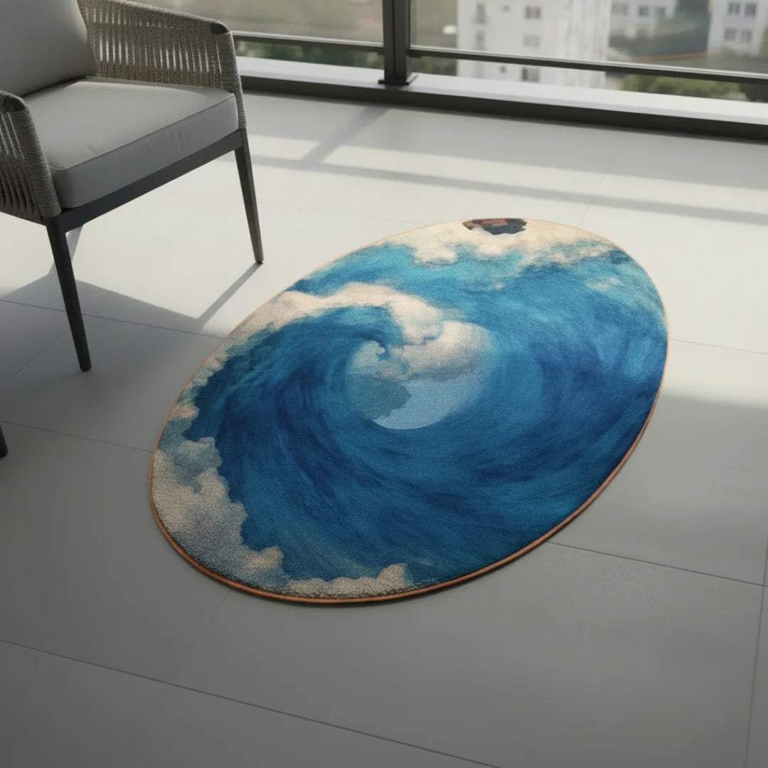 Irregular deep blue ocean wave rug balcony nook