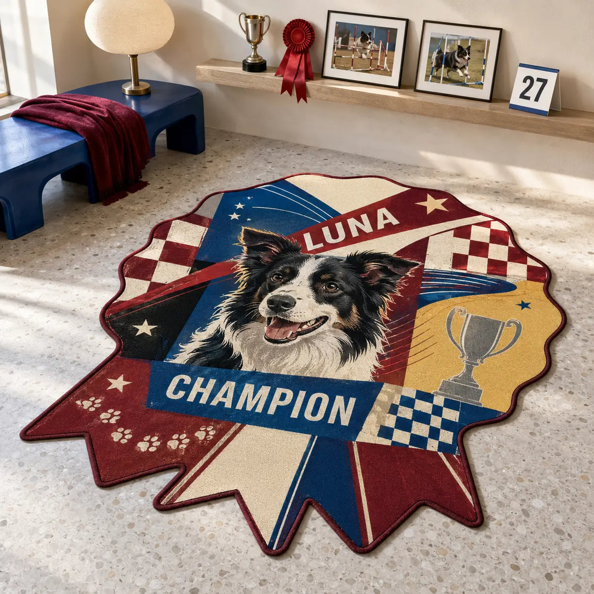 Custom champion dog achievement rug featuring a Border Collie portrait, trophy graphics and a colorful competition design