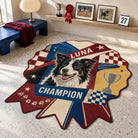 Custom champion dog achievement rug featuring a Border Collie portrait, trophy graphics and a colorful competition design