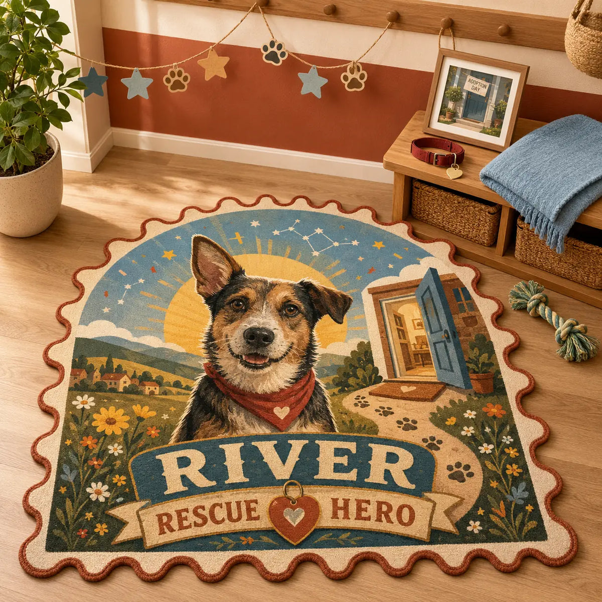 Custom rescue hero dog achievement rug featuring a mixed-breed portrait, sunrise landscape, paw trail and welcoming home