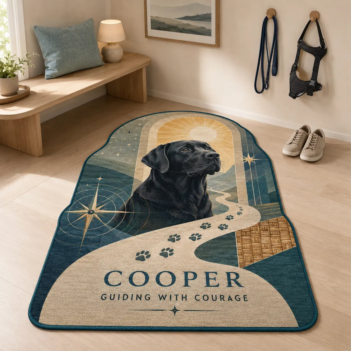 Custom service and guide dog achievement rug featuring a Black Labrador portrait, guiding path and sunrise design