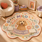 Custom therapy dog achievement rug featuring a Poodle portrait with flowers, rainbows, hearts and a cozy reading nook