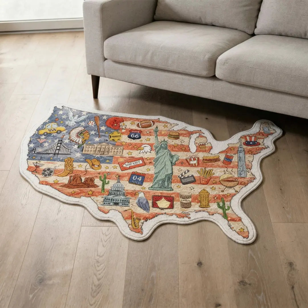 Irregular illustrated USA map rug living room