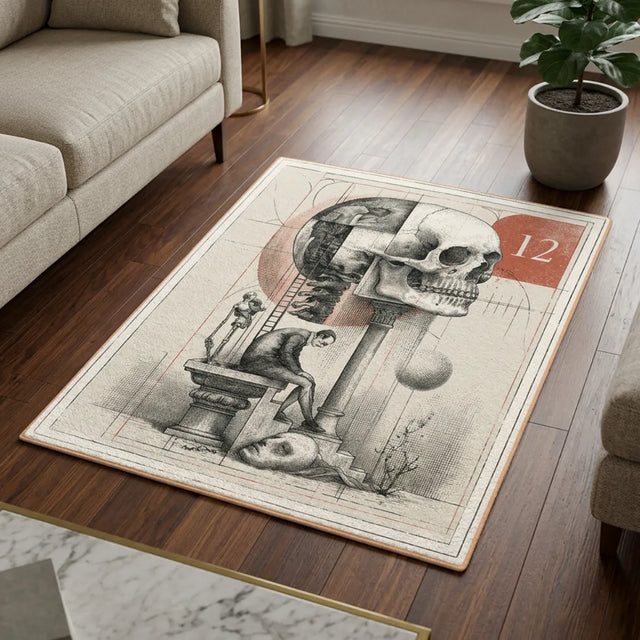 Anatomy of Waiting – Stamp-Inspired Rug | Surrealism | 6 x 7 ft | Living Room