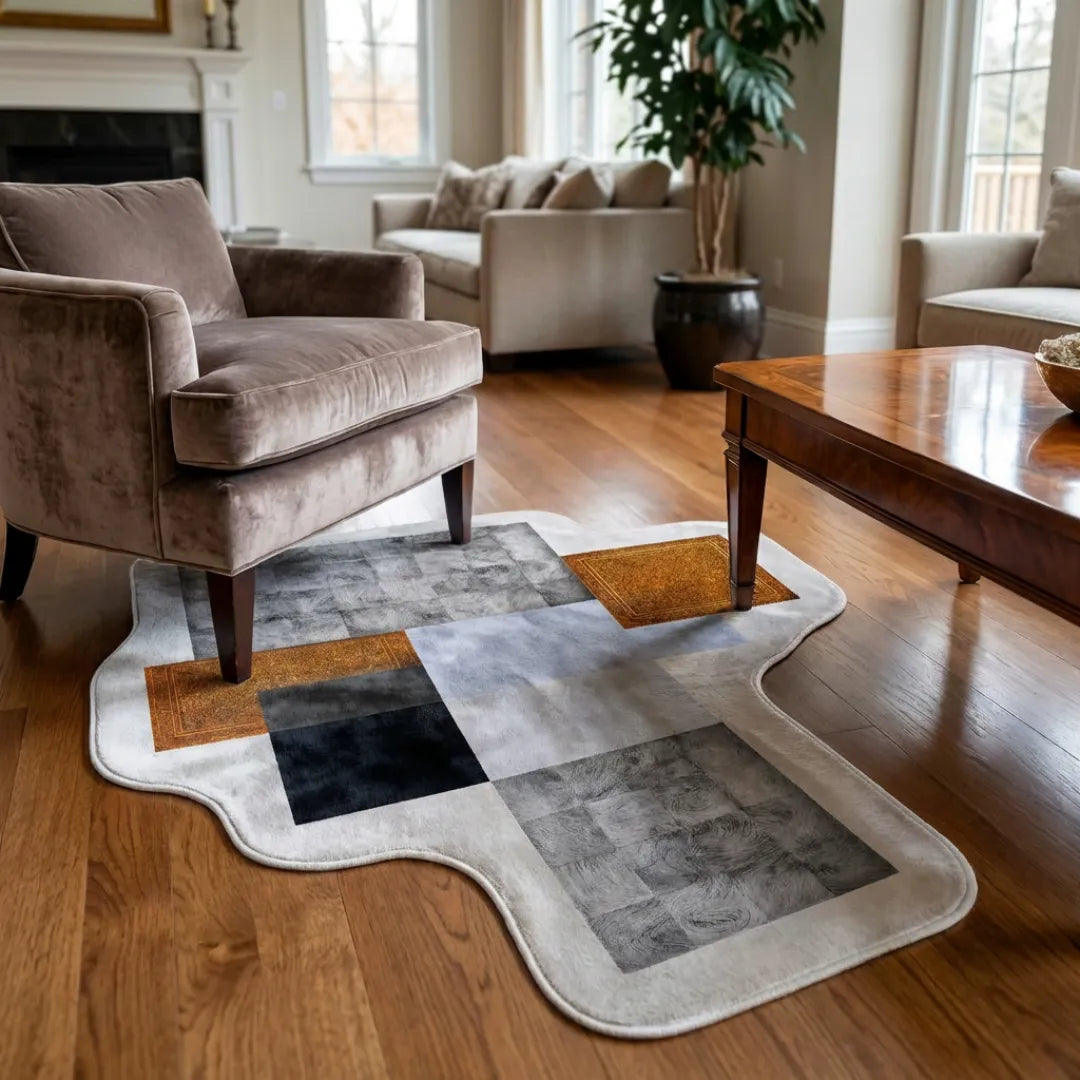 Irregular checkered rug living room