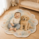 Custom baby and pet portrait rug featuring a smiling baby and golden retriever puppy in a warm nursery