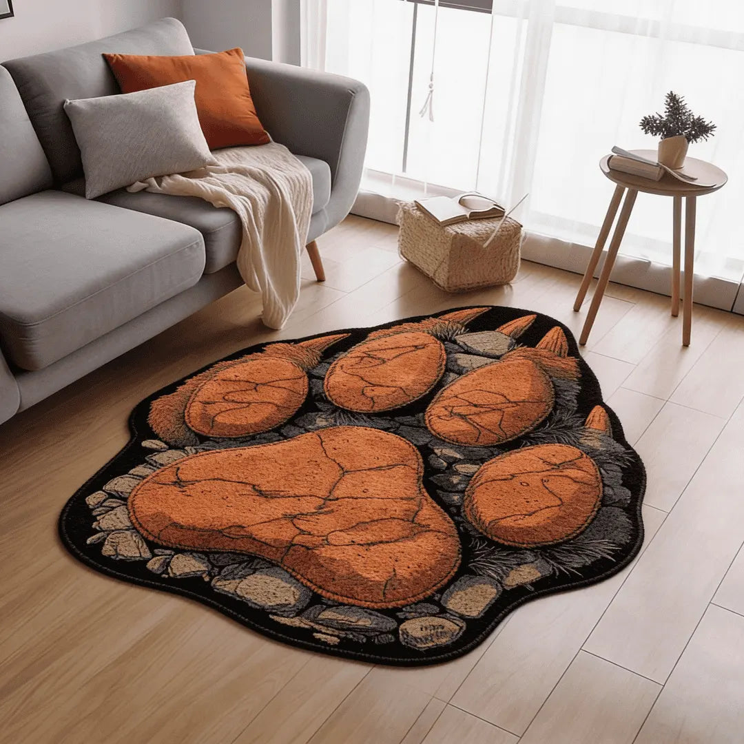 Bear claw shaped rug placed in a modern living room with warm neutral furniture and soft natural light