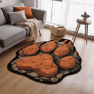 Bear claw shaped rug placed in a modern living room with warm neutral furniture and soft natural light