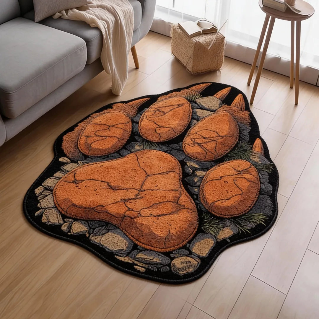 Bear claw shaped rug placed in a modern living room with warm neutral furniture and soft natural light