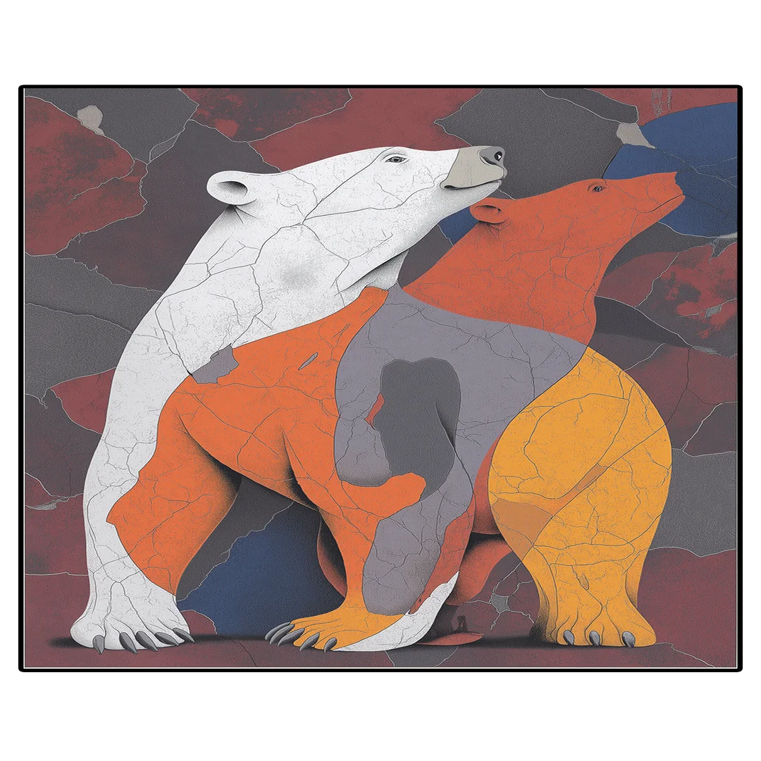 Bear illustration rug featuring abstract bear figures in earthy orange, gray, and cream tones