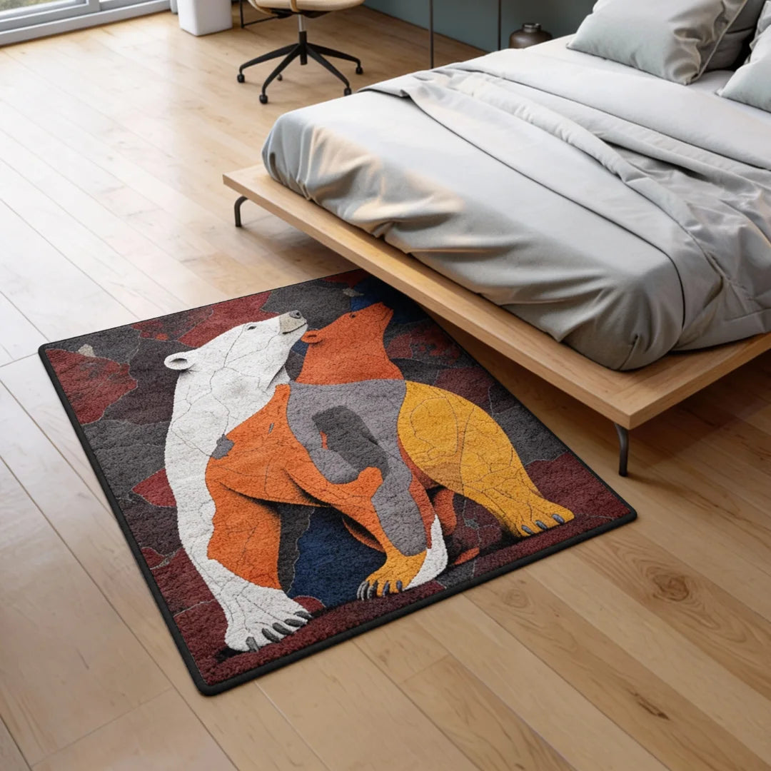 Bear illustration rug placed in a modern bedroom with neutral furniture and warm lighting