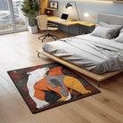 Bear illustration rug placed in a modern bedroom with neutral furniture and warm lighting
