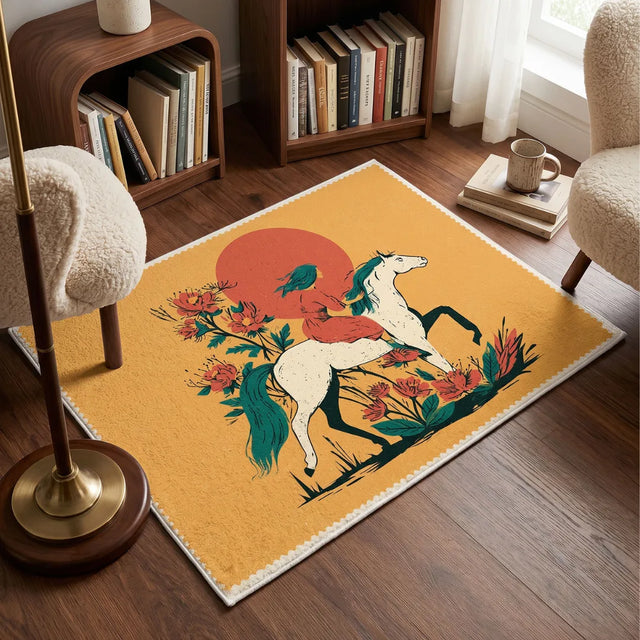 Beneath the Red Sun – Stamp-Inspired Rug | 6 x 4.5 ft | Living Room & Reading Nook