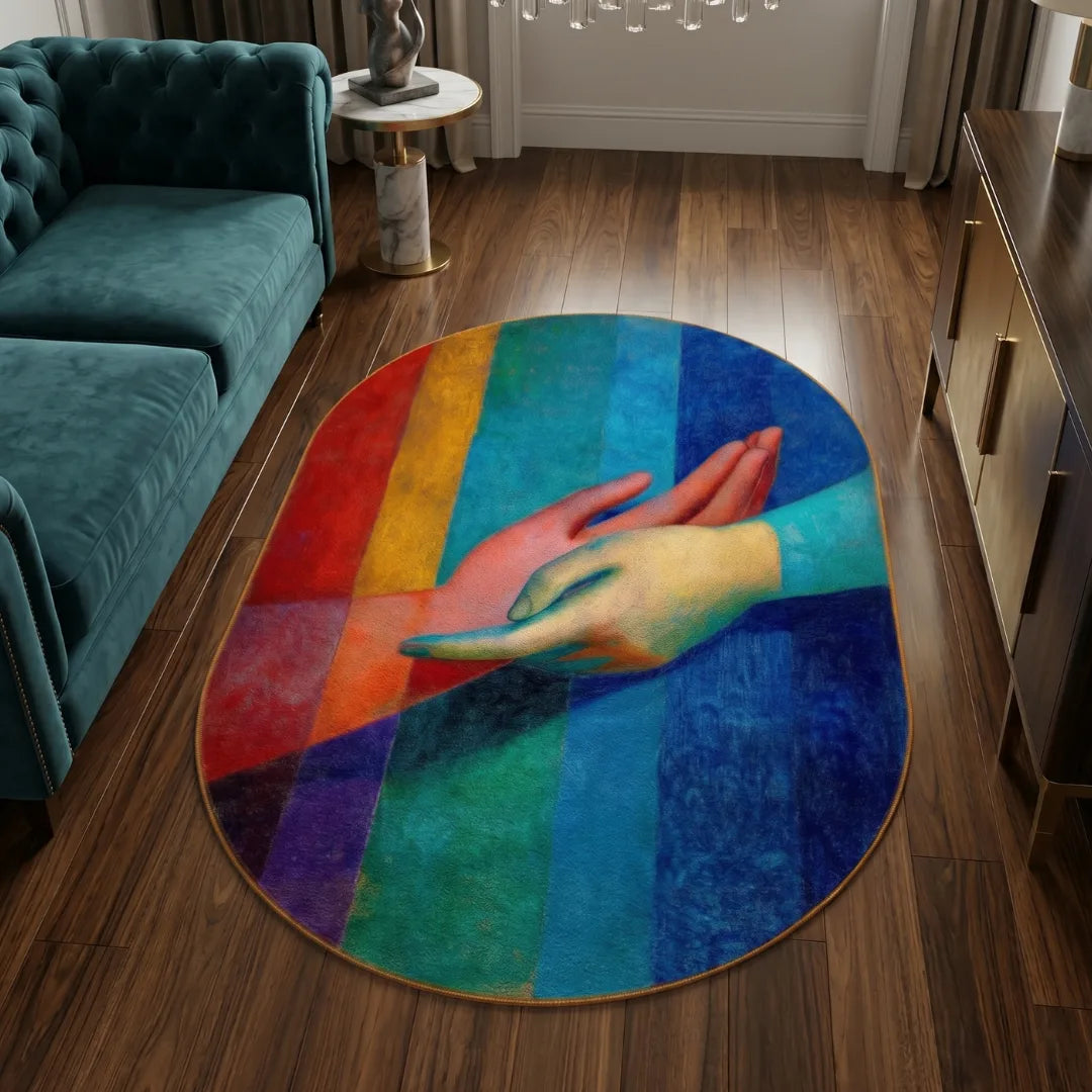Irregular blue green rug living room