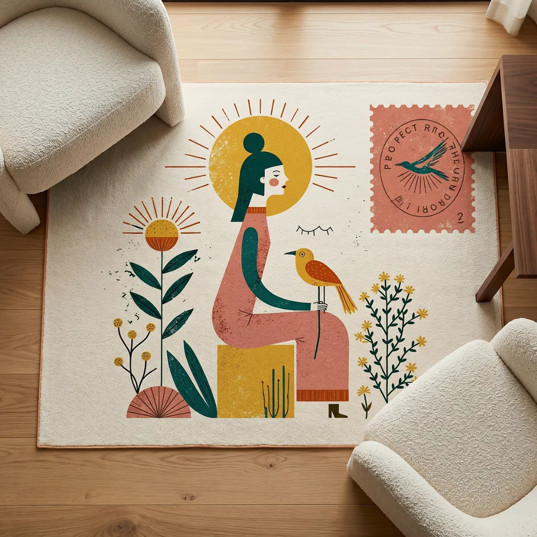 Stamp inspired rug living room