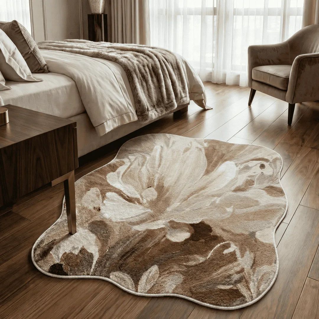 Irregular floral beige rug bedroom