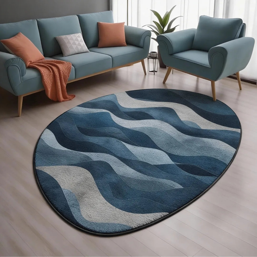 Irregular blue wave-pattern rug living room