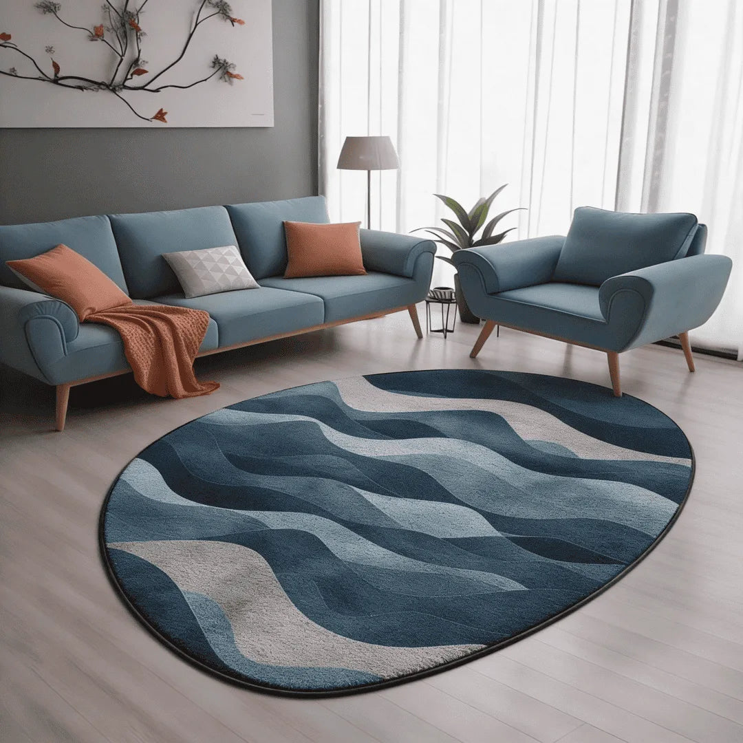 Irregular blue wave-pattern rug living room