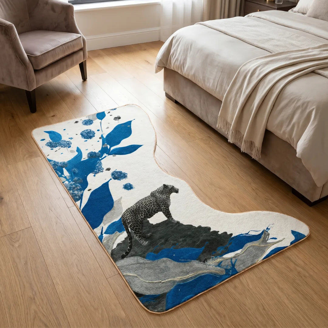 Irregular blue leopard rug bedroom