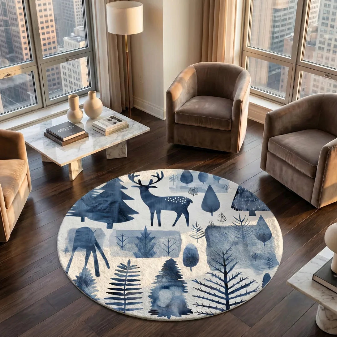 Irregular blue woodland rug living room