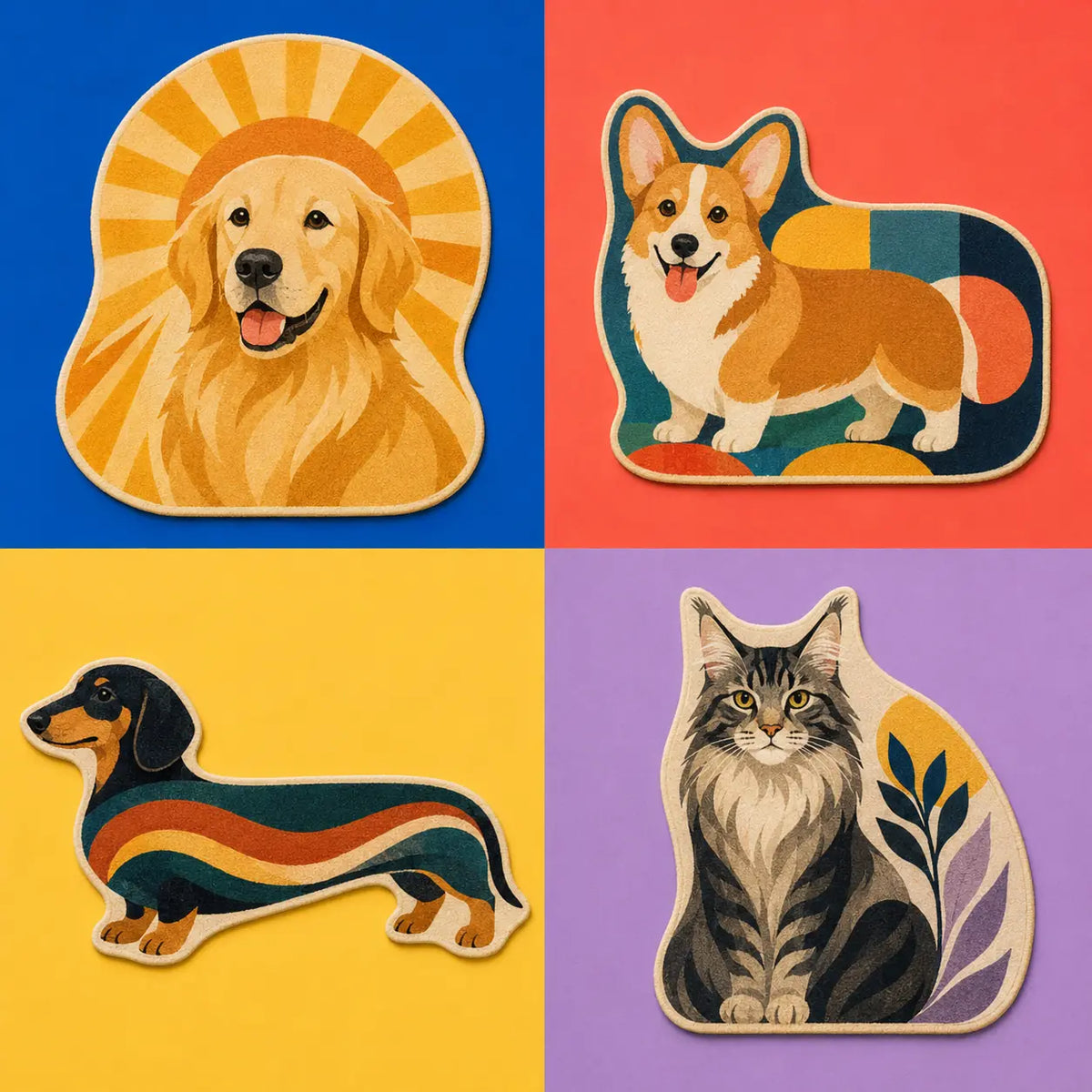 Four custom breed personality rugs featuring a Golden Retriever, Corgi, Dachshund and Maine Coon