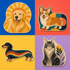 Four custom breed personality rugs featuring a Golden Retriever, Corgi, Dachshund and Maine Coon