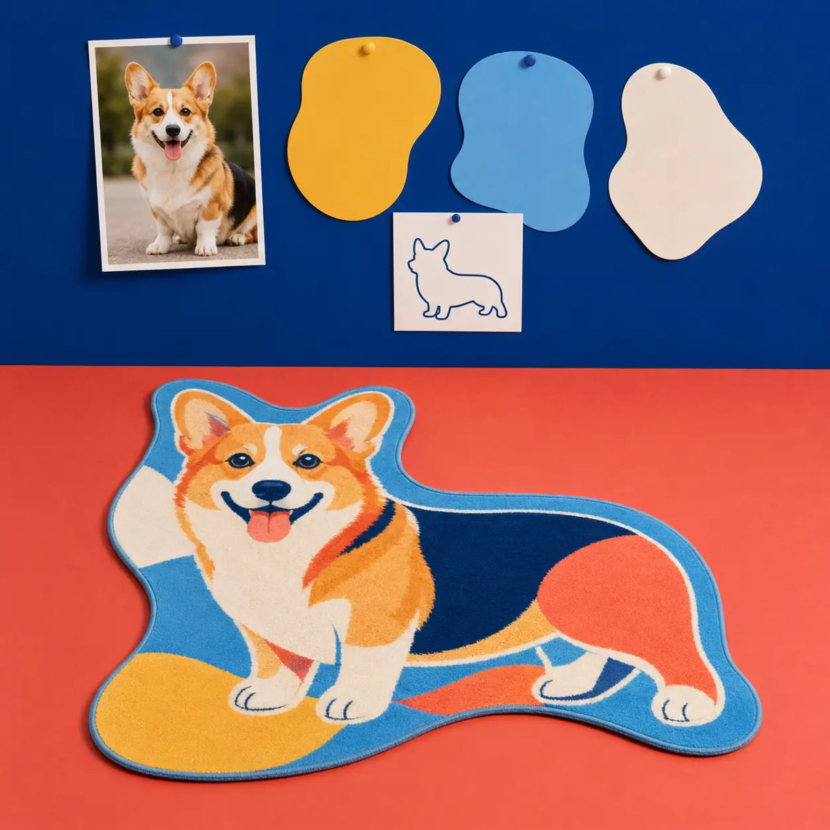 Corgi photo and color inspiration beside a finished custom breed personality pet rug
