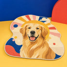 Custom Golden Retriever personality rug with colorful sun artwork in a modern studio setting
