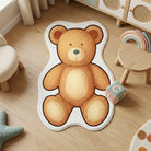 Brown teddy bear shaped rug placed in a cozy kids’ room with playful furniture and soft decor