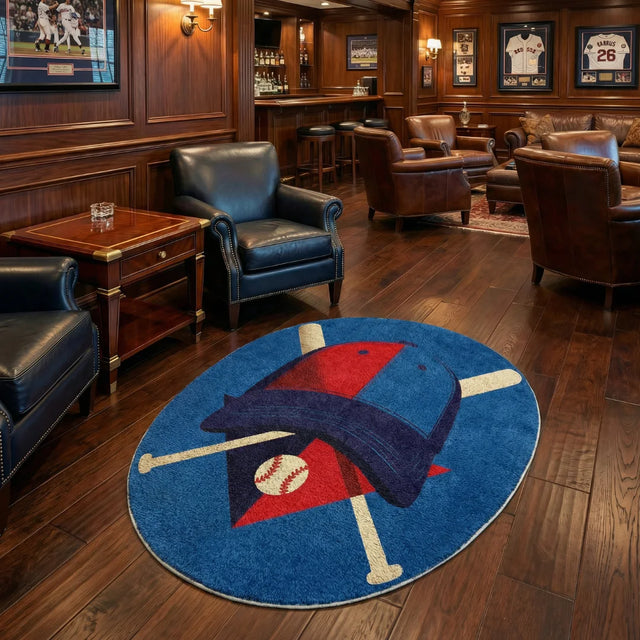 Cap & Glory – American Baseball Logo Rug | 5 x 5.5 ft | Sports Bar