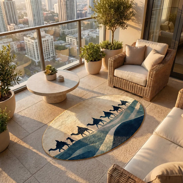 Caravan at Dusk – Camel & Dune Style Rug | 4.5 x 2.5 ft | Patio & Balcony