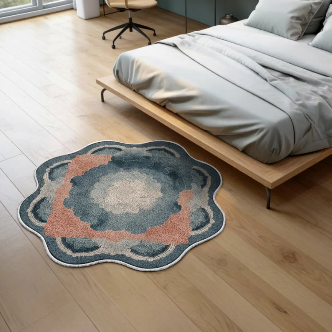 Irregular Persian-style pink rug bedroom