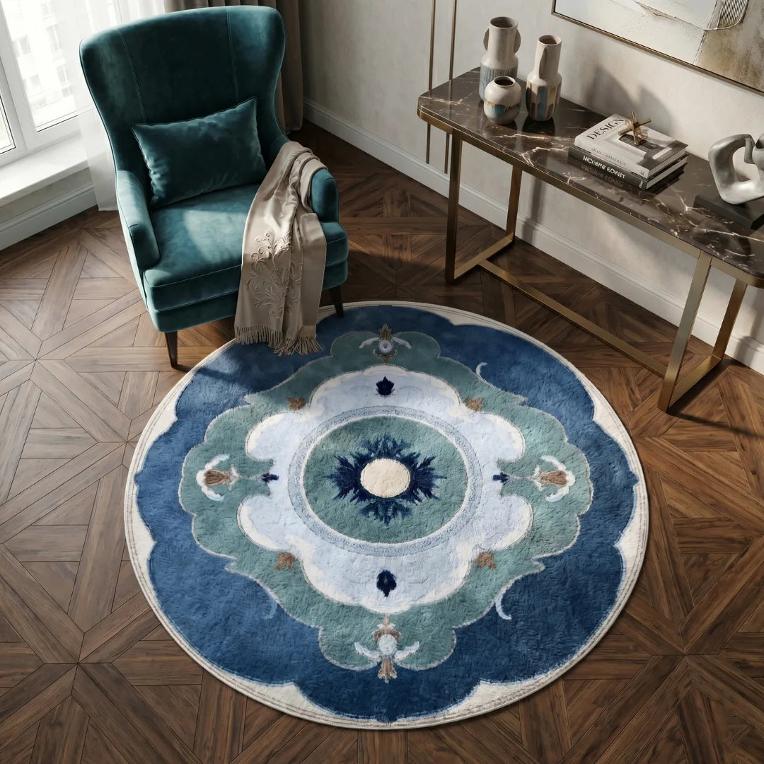 Irregular persian blue rug living room